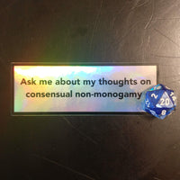 non-monogamy sticker silver with some holographic rainbows and d20 for size