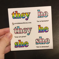 rainbow she, he, they and pink/blue/white she, he, they stickers on a sheet